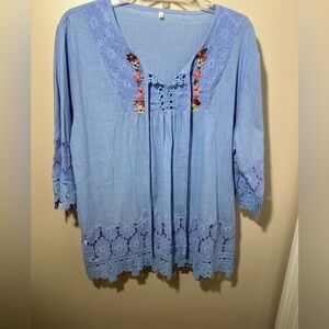 Blue Embroidered Floral Tunic Blouse Plus Size 3X Hippie Lace Boho Flowy Coastal
